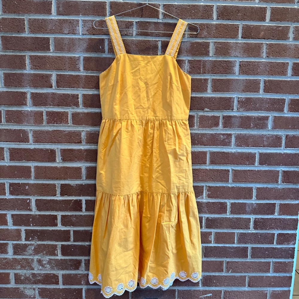 J. Crew Embroidered Scalloped Tiered Midi Dress 0 Marigold - Picture 14 of 14